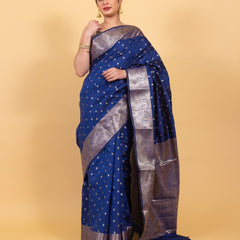 Indigo Blue Gorgeous Banarasi Soft Silk Saree with Intricate Gold Zari Work
