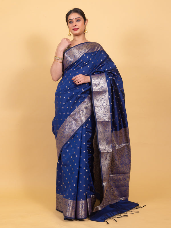 Indigo Blue Gorgeous Banarasi Soft Silk Saree with Intricate Gold Zari Work