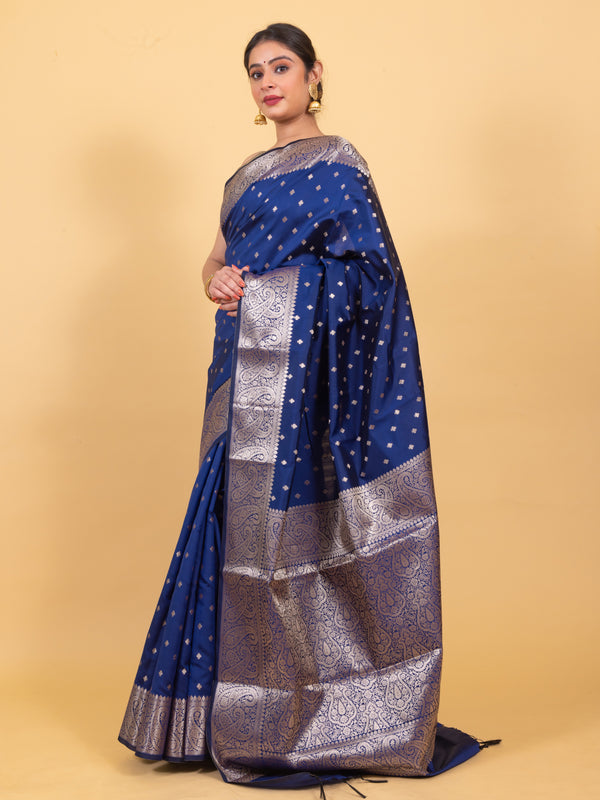 Indigo Blue Gorgeous Banarasi Soft Silk Saree with Intricate Gold Zari Work