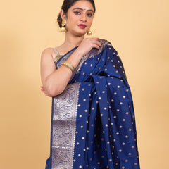 Indigo Blue Gorgeous Banarasi Soft Silk Saree with Intricate Gold Zari Work