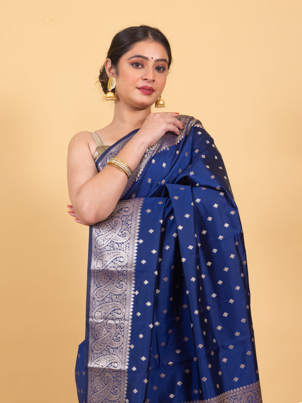 Indigo Blue Gorgeous Banarasi Soft Silk Saree with Intricate Gold Zari Work