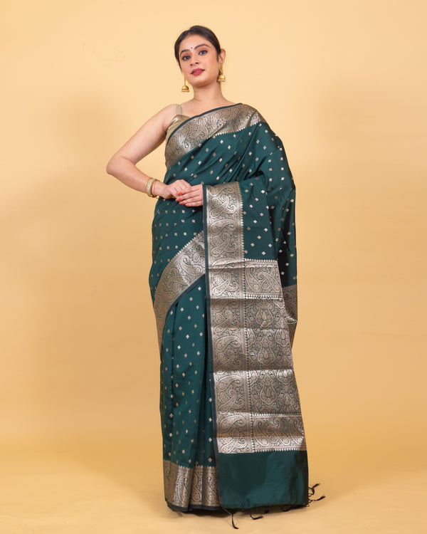 Bottle Green Gorgeous Banarasi Soft Silk Saree with Intricate Gold Zari Work