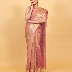 Baby Pink Crushed Tissue Silk Saree | Banarasi Woven Saree