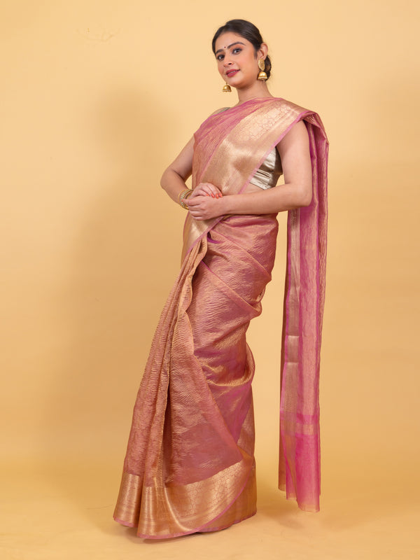 Baby Pink Crushed Tissue Silk Saree | Banarasi Woven Saree