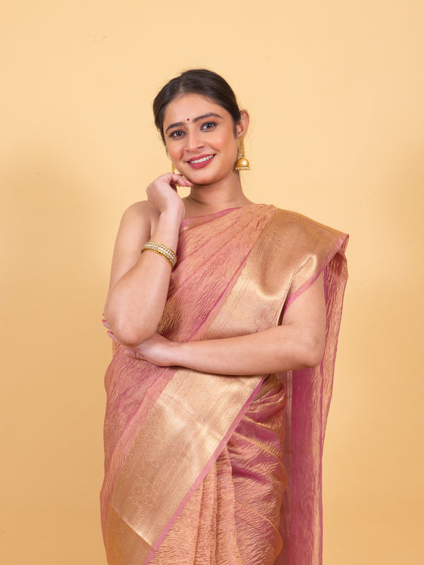 Baby Pink Crushed Tissue Silk Saree | Banarasi Woven Saree