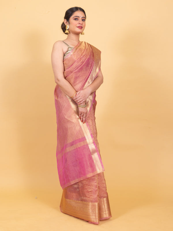 Baby Pink Crushed Tissue Silk Saree | Banarasi Woven Saree