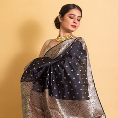 Jade Black Gorgeous Banarasi Soft Silk Saree with Intricate Gold Zari Work