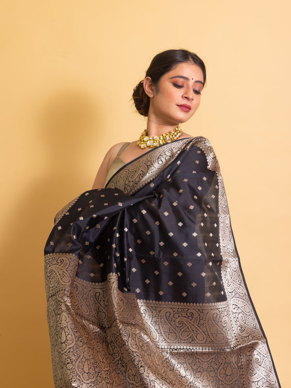 Jade Black Gorgeous Banarasi Soft Silk Saree with Intricate Gold Zari Work