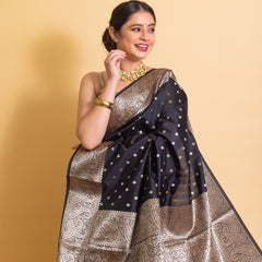 Jade Black Gorgeous Banarasi Soft Silk Saree with Intricate Gold Zari Work
