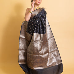 Jade Black Gorgeous Banarasi Soft Silk Saree with Intricate Gold Zari Work