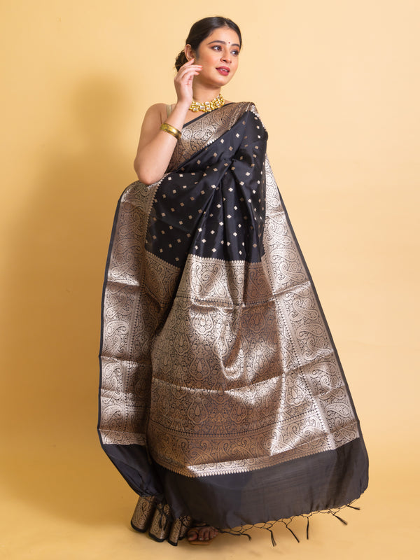 Jade Black Gorgeous Banarasi Soft Silk Saree with Intricate Gold Zari Work