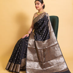 Jade Black Gorgeous Banarasi Soft Silk Saree with Intricate Gold Zari Work