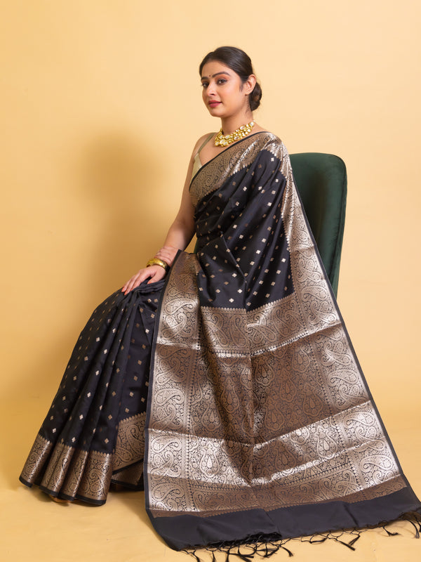 Jade Black Gorgeous Banarasi Soft Silk Saree with Intricate Gold Zari Work