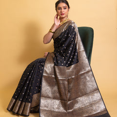 Jade Black Gorgeous Banarasi Soft Silk Saree with Intricate Gold Zari Work