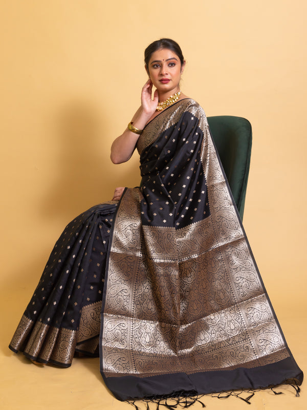 Jade Black Gorgeous Banarasi Soft Silk Saree with Intricate Gold Zari Work