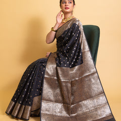 Jade Black Gorgeous Banarasi Soft Silk Saree with Intricate Gold Zari Work