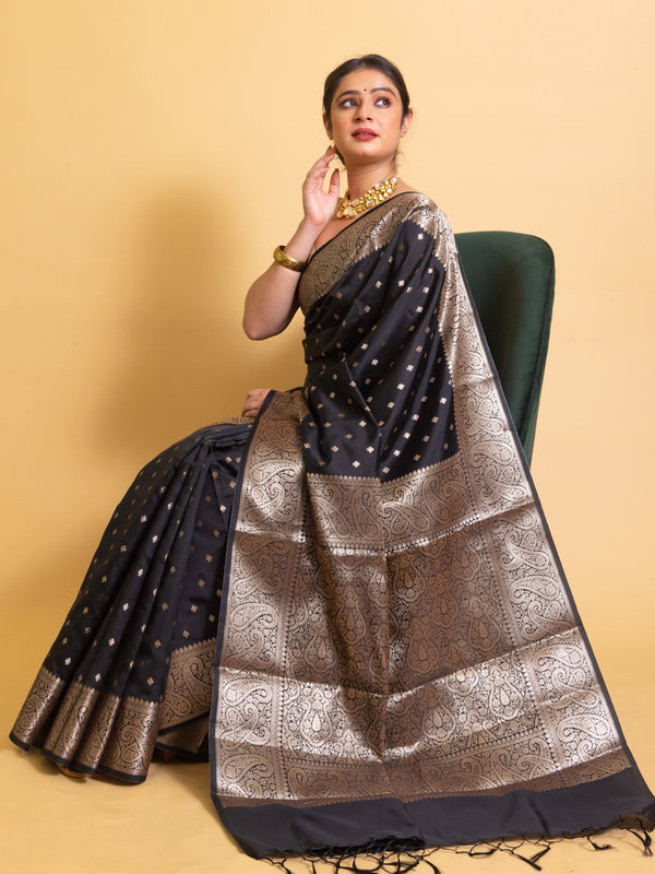 Jade Black Gorgeous Banarasi Soft Silk Saree with Intricate Gold Zari Work