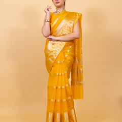 Golden Yellow Banarasi Organza Stripe Pattern Saree | Soft & Elegant