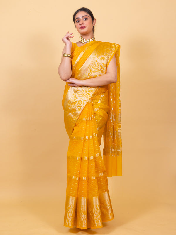 Golden Yellow Banarasi Organza Stripe Pattern Saree | Soft & Elegant