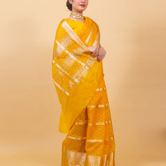 Golden Yellow Banarasi Organza Stripe Pattern Saree | Soft & Elegant