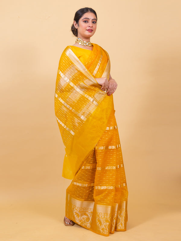Golden Yellow Banarasi Organza Stripe Pattern Saree | Soft & Elegant