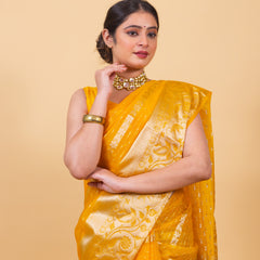 Golden Yellow Banarasi Organza Stripe Pattern Saree | Soft & Elegant