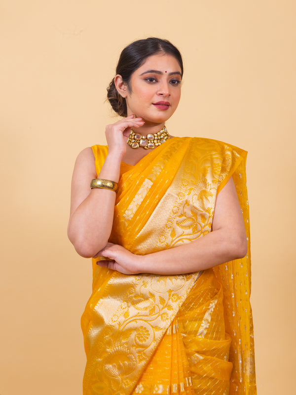 Golden Yellow Banarasi Organza Stripe Pattern Saree | Soft & Elegant