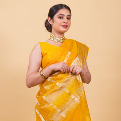 Golden Yellow Banarasi Organza Stripe Pattern Saree | Soft & Elegant