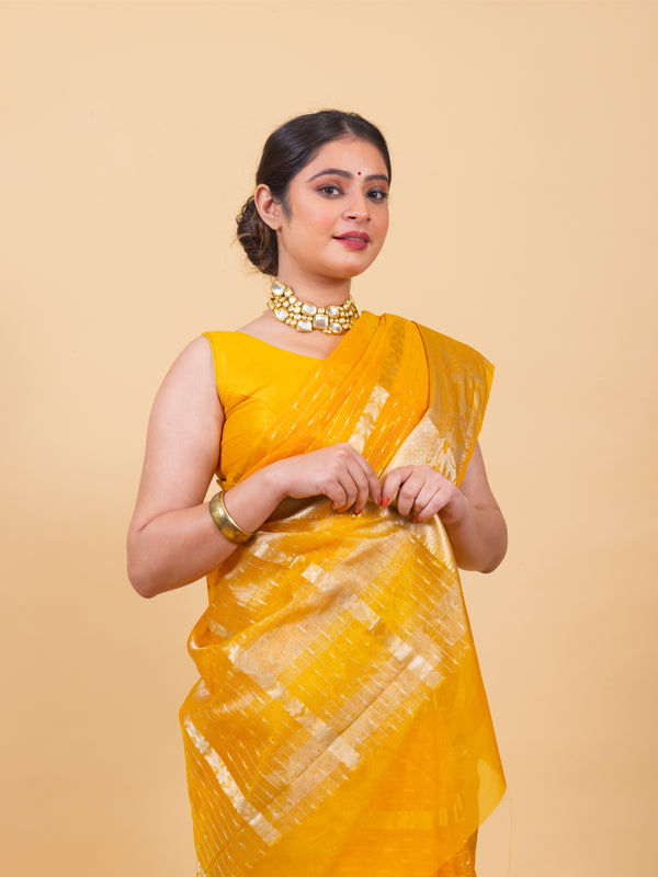 Golden Yellow Banarasi Organza Stripe Pattern Saree | Soft & Elegant
