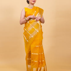 Golden Yellow Banarasi Organza Stripe Pattern Saree | Soft & Elegant