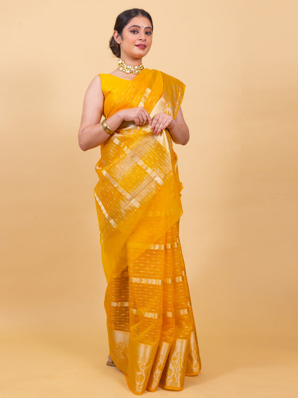 Golden Yellow Banarasi Organza Stripe Pattern Saree | Soft & Elegant