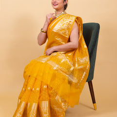 Golden Yellow Banarasi Organza Stripe Pattern Saree | Soft & Elegant