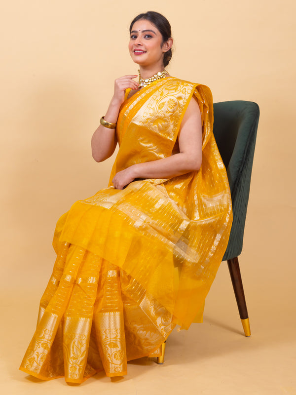 Golden Yellow Banarasi Organza Stripe Pattern Saree | Soft & Elegant