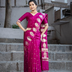 Magenta Pink Alfi Motif Banarasi Zari Border Saree And Pallu