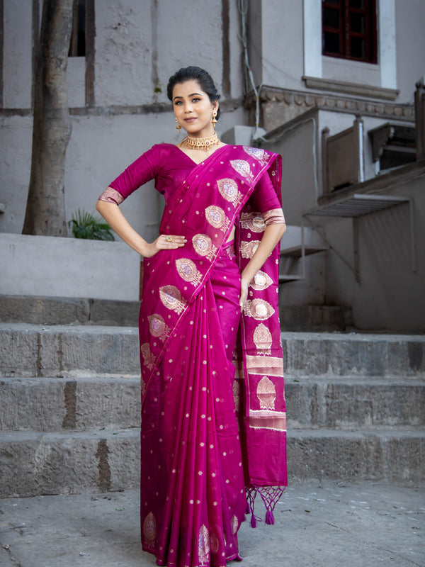Magenta Pink Alfi Motif Banarasi Zari Border Saree And Pallu