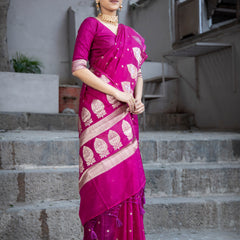Magenta Pink Alfi Motif Banarasi Zari Border Saree And Pallu