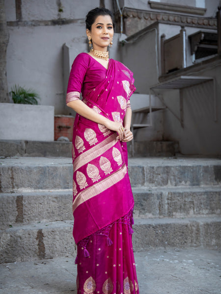 Magenta Pink Alfi Motif Banarasi Zari Border Saree And Pallu