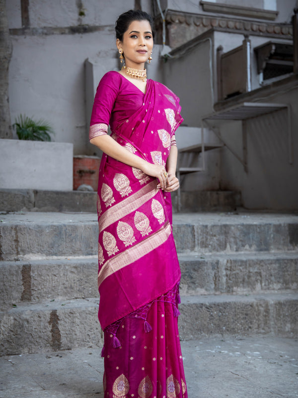 Magenta Pink Alfi Motif Banarasi Zari Border Saree And Pallu
