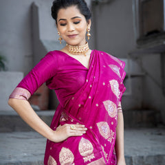 Magenta Pink Alfi Motif Banarasi Zari Border Saree And Pallu