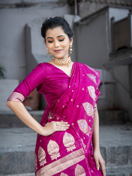 Magenta Pink Alfi Motif Banarasi Zari Border Saree And Pallu