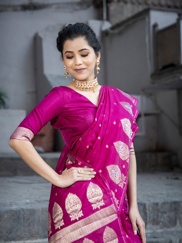 Magenta Pink Alfi Motif Banarasi Zari Border Saree And Pallu