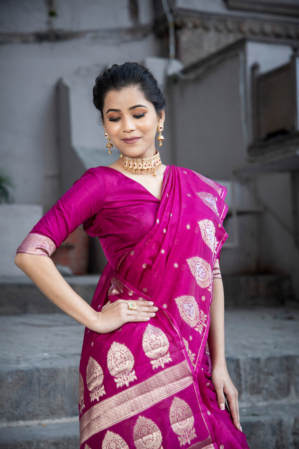 Magenta Pink Alfi Motif Banarasi Zari Border Saree And Pallu