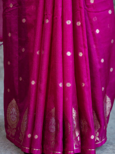 Magenta Pink Alfi Motif Banarasi Zari Border Saree And Pallu