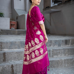Magenta Pink Alfi Motif Banarasi Zari Border Saree And Pallu