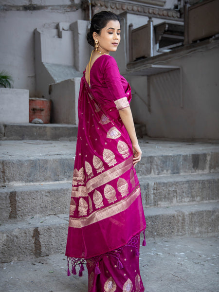 Magenta Pink Alfi Motif Banarasi Zari Border Saree And Pallu