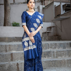 German Blue Alfi Motif Banarasi Zari Border Saree And Pallu