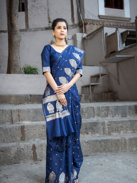 German Blue Alfi Motif Banarasi Zari Border Saree And Pallu