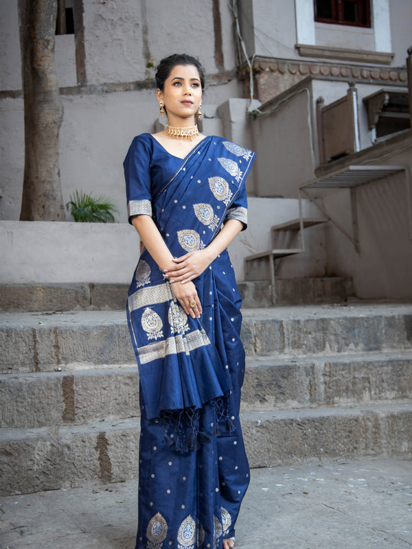 German Blue Alfi Motif Banarasi Zari Border Saree And Pallu
