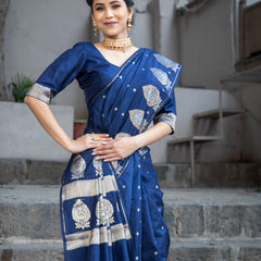 German Blue Alfi Motif Banarasi Zari Border Saree And Pallu