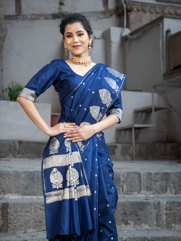 German Blue Alfi Motif Banarasi Zari Border Saree And Pallu